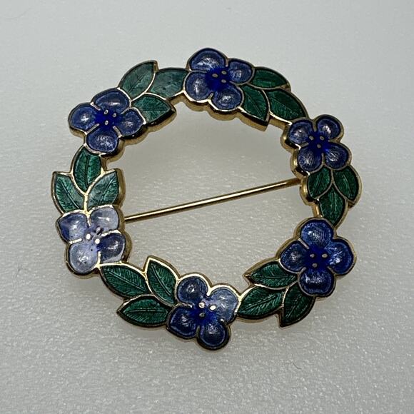 Pansy Brooch Pin Made By Fine Enamels 22k Gold Plated Blue Flowers Green Leaves - Picture 1 of 7